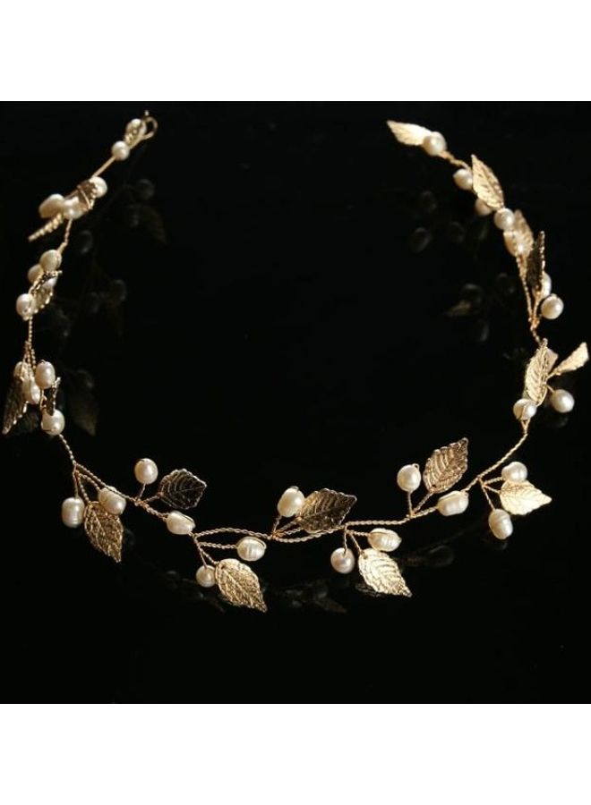 NIBEMINENT Luxury Headbands Hair Jewelry Pearl Crystal Leaf Bride Tiaras Headpiece Golden - Image 3