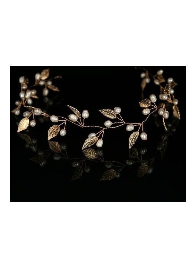 NIBEMINENT Luxury Headbands Hair Jewelry Pearl Crystal Leaf Bride Tiaras Headpiece Golden - Image 1