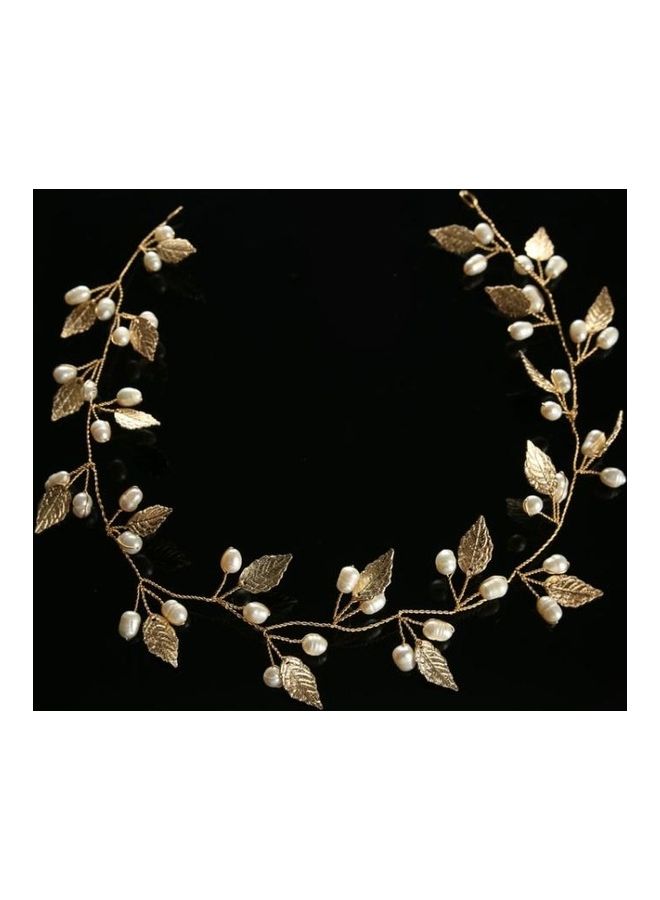 NIBEMINENT Luxury Headbands Hair Jewelry Pearl Crystal Leaf Bride Tiaras Headpiece Golden - Image 4