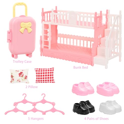 Miunana 24 Pcs Doll Clothes and Accessories 3 Princess Dresses 3 Sets Top and Pants 2 Swimsuits 4 Shoes Dollhouse Mini Bunk Bed Travel Suitcase with 2 Pillows, 5 Hangers for 5.3 Inch Dolls - Image 4