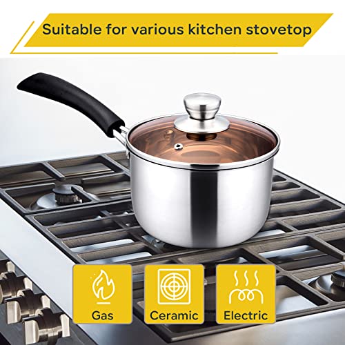 E-far 1 Quart Saucepan with Lid, Stainless Steel Small Sauce Pot with Glass Lid for Cooking, Easy Clean & Rust Free, Dishwasher Safe - Image 3