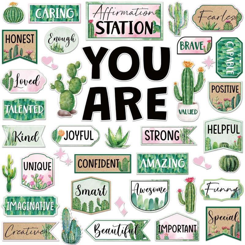 Weekgrat 45pcs Cactus Affirmation Station Bulletin Board Set Motivational Posters Classroom Mirror Growth Mindset Decor Positive Affirmations Accents Cutouts for School Office Home Teacher Wall - Image 1