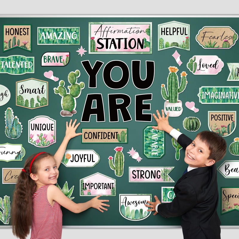 Weekgrat 45pcs Cactus Affirmation Station Bulletin Board Set Motivational Posters Classroom Mirror Growth Mindset Decor Positive Affirmations Accents Cutouts for School Office Home Teacher Wall - Image 2