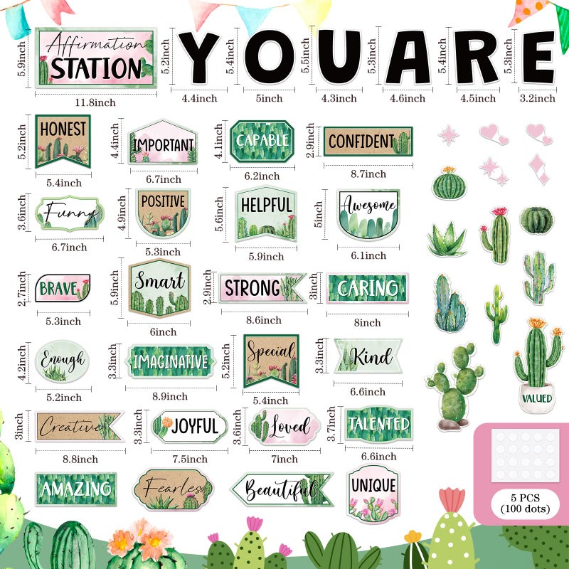 Weekgrat 45pcs Cactus Affirmation Station Bulletin Board Set Motivational Posters Classroom Mirror Growth Mindset Decor Positive Affirmations Accents Cutouts for School Office Home Teacher Wall - Image 3