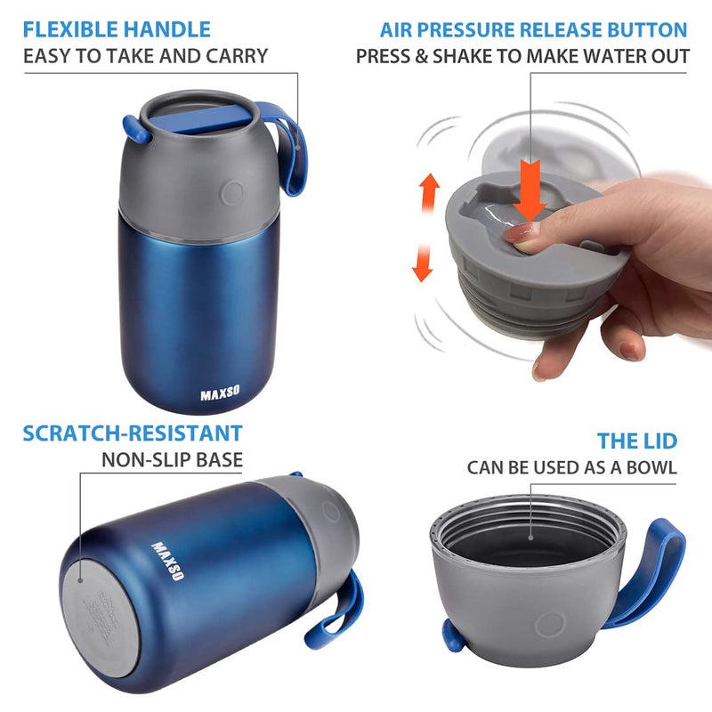 MAXSO 2 Pack Soup Thermo for Hot & Cold Food for Kids Adults  Vacuum Insulated Food Jar Thermal Lunch Containers  Travel Food Flask with Spoon (24 oz 17 oz) (Dark Blue) - Image 2