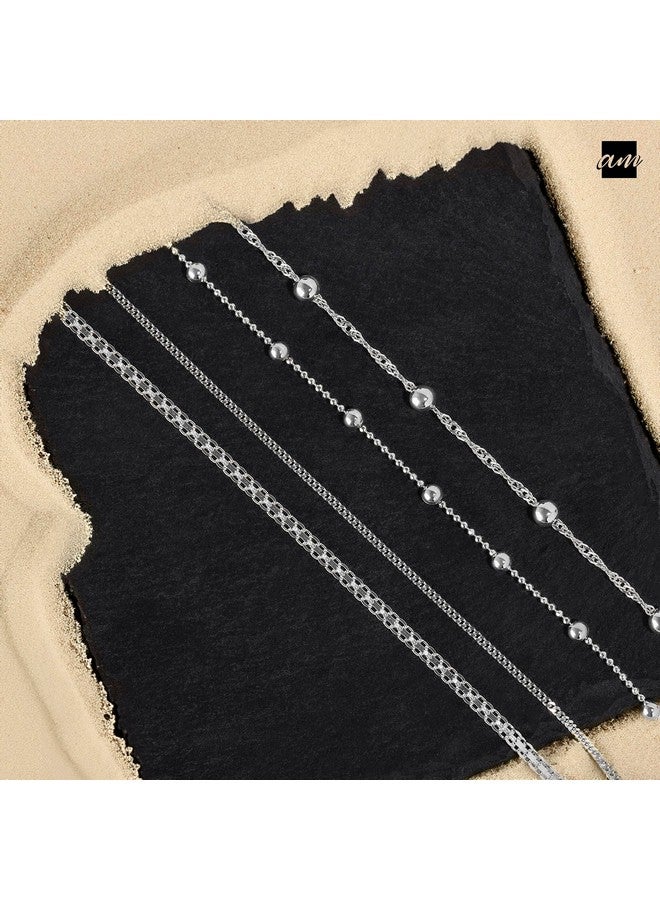 Amberta 925 Fine Sterling Silver 3.2 Mm Adjustable Anklet - Ball Bead Chain Ankle Bracelet - 9" To 10" Inch - Flexible Fit - Image 3
