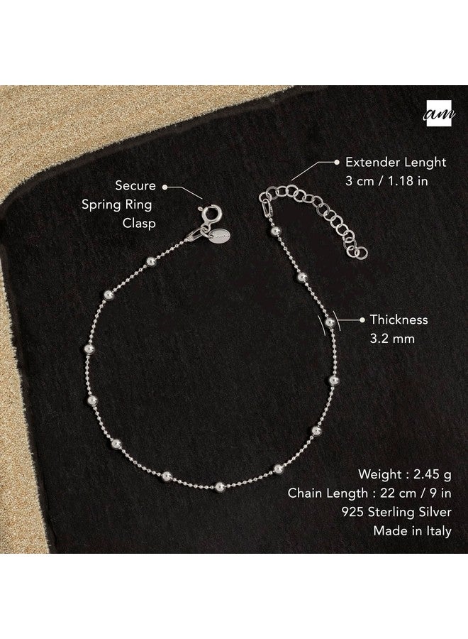 Amberta 925 Fine Sterling Silver 3.2 Mm Adjustable Anklet - Ball Bead Chain Ankle Bracelet - 9" To 10" Inch - Flexible Fit - Image 5