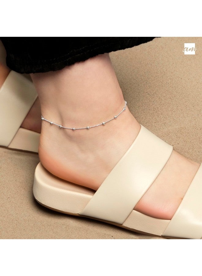 Amberta 925 Fine Sterling Silver 3.2 Mm Adjustable Anklet - Ball Bead Chain Ankle Bracelet - 9" To 10" Inch - Flexible Fit - Image 2