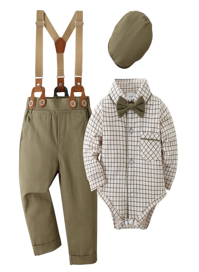 CARETOO Baby Boy Gentleman Outfit Baby Boy Clothes Dress Shirt/Bowtie/Suspender Pants Set Green 12-18months - Image 1