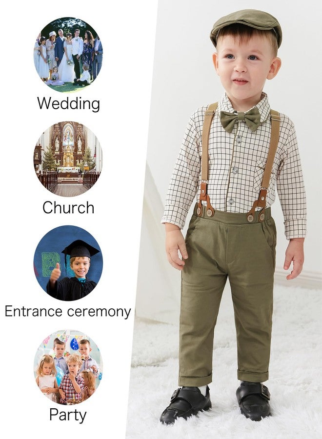 CARETOO Baby Boy Gentleman Outfit Baby Boy Clothes Dress Shirt/Bowtie/Suspender Pants Set Green 12-18months - Image 2