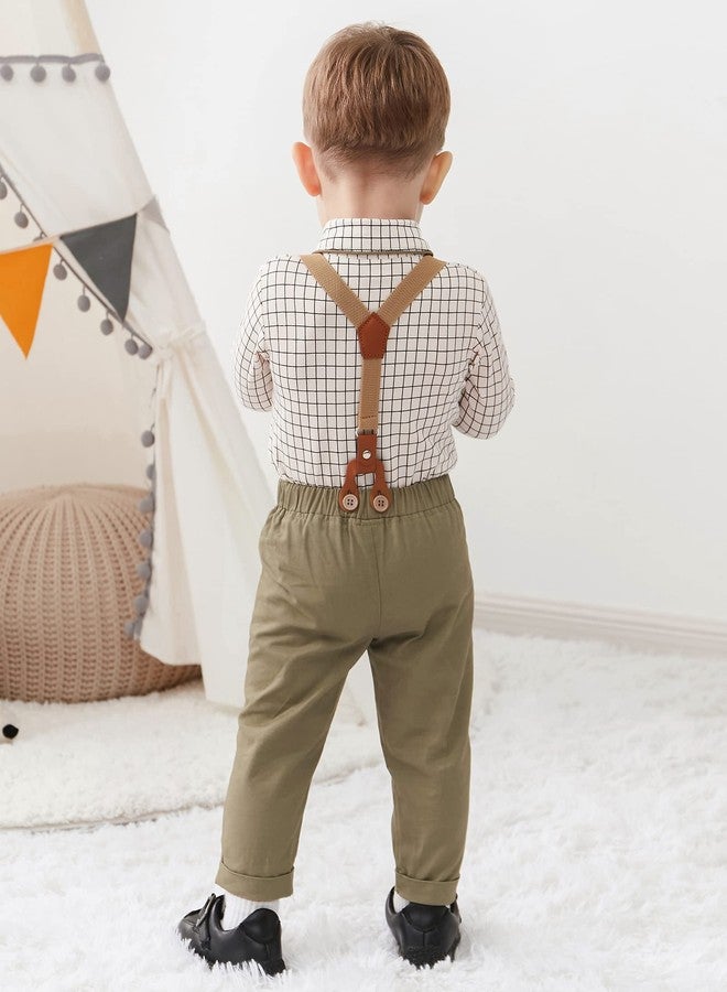 CARETOO Baby Boy Gentleman Outfit Baby Boy Clothes Dress Shirt/Bowtie/Suspender Pants Set Green 12-18months - Image 4