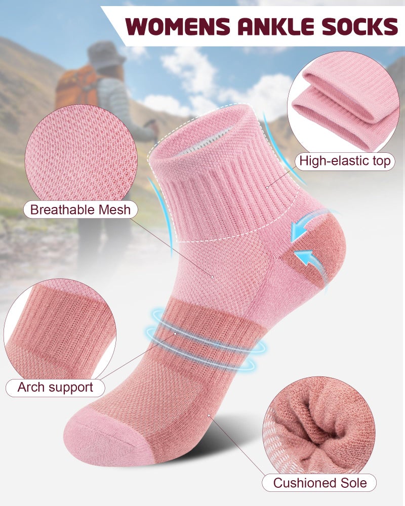 Darller 6 Pairs Womens Ankle Socks - Thick Cushioned Athletic Running Cotton Socks Quarter Crew, B-Rainbow Colors - Image 2