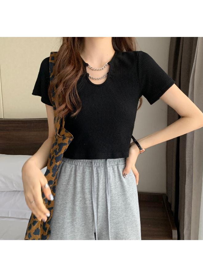 Summer Design Sense Short Top Clothes Women's New Short-sleeved T-shirt Wear High Waist Sweet Spice Girl Style Trendy 