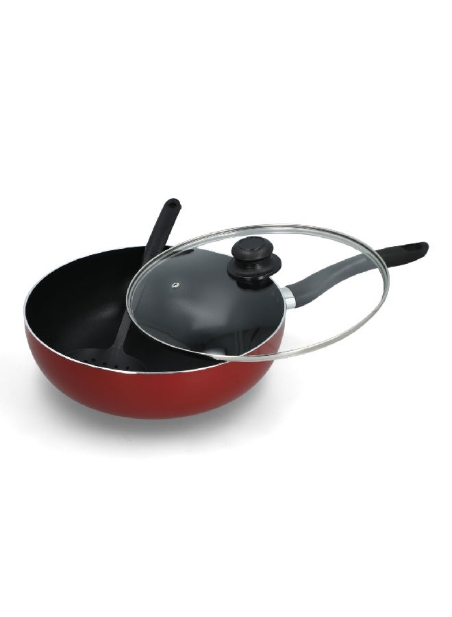 PARFAIT Durable Aluminium Wok with Glass Lid and Slotted Skimmer Red and Black 9 x 30 x 30 cm HS-4008-2-R  - Image 3