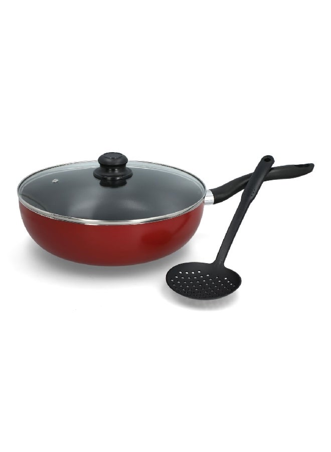 PARFAIT Durable Aluminium Wok with Glass Lid and Slotted Skimmer Red and Black 9 x 30 x 30 cm HS-4008-2-R  - Image 2
