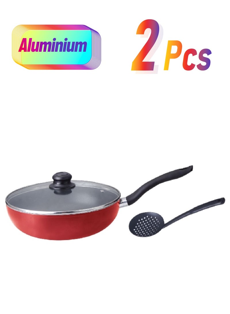 PARFAIT Durable Aluminium Wok with Glass Lid and Slotted Skimmer Red and Black 9 x 30 x 30 cm HS-4008-2-R  - Image 1