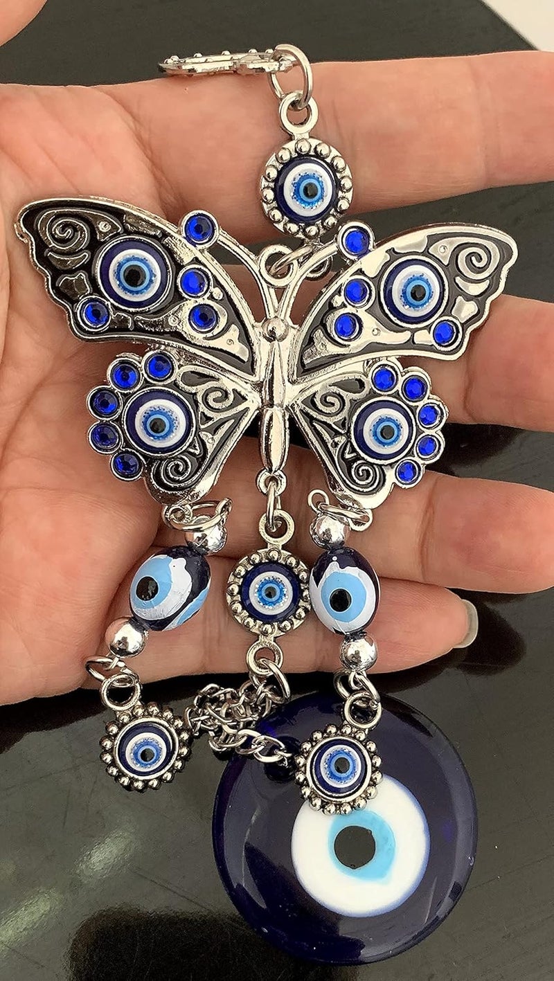Luckam Turkish Blue Eye with Butterfly Hanging Decoration Ornament, Blue Rhinestone Car Charm Rear View Mirror Wall Hanging Protection Home Decor Blessing Gift - Image 4