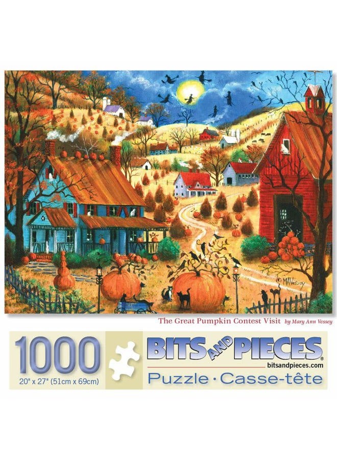 Bits and Pieces 1000 قطعة لغز للبالغين 20" × 27" - مسابقة اليقطين العظيمة زيارة - 1000 قطعة لغز خريف ريفي هالوين ساحرة قمر من الفنانة ماري آن فاسي - Image 1