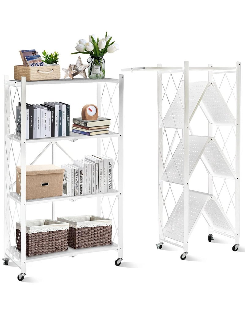 Scrolls Multi-Layer Foldable Storage Organizer Heavy Duty Metal Rack Storage Shelving Unit with Wheels Kitchen Cabinet Multipurpose Shelf Storage Rack for Living Room Bedroom Kitchen (4 TIER-WHITE)  - Image 1
