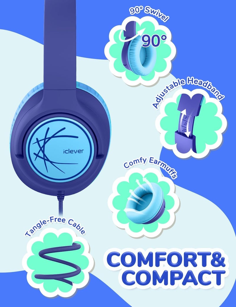 iClever Children's Headphones with Cable, 85 dBA Safe Volume, Stereo Sound, Over Ear Foldable 3.5 mm Jack Children's Headphones for iPad, Tablets, School, Travel, Navy Blue - Image 5