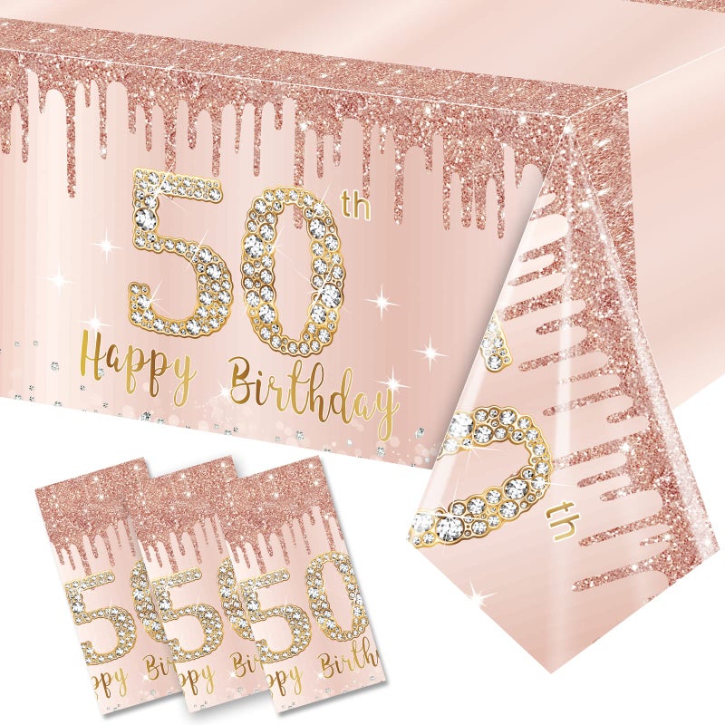 Excelloon 3 Pack 50th Birthday Tablecloth Decorations Pink Rose Gold Happy Birthday Table Cover Plastic Disposable Rectangular Table Cloth Decor