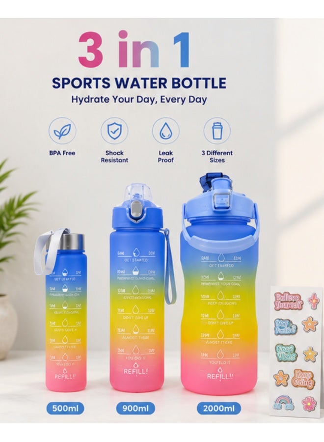 3-in-1 Sports Water Bottle Set, 500ml, 900ml & 2000ml Reusable Water Bottles, BPA-Free, Leak-Proof & Shock-Resistant, Motivational Time Markers for Gym, Sports, Travel & Outdoor Use - Image 1