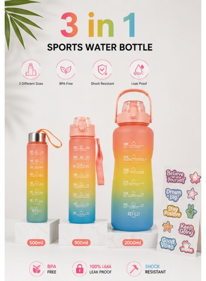 3-in-1 Sports Water Bottle Set, 500ml, 900ml & 2000ml Reusable Water Bottles, BPA-Free, Leak-Proof & Shock-Resistant, Motivational Time Markers for Gym, Sports, Travel & Outdoor Use - Image 4