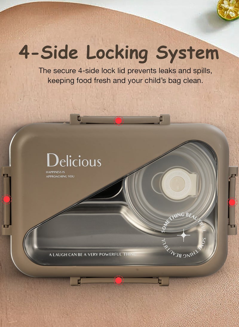 BAYBEE 1050ml Stainless Steel Lunchbox for Adults – 3-Compartment Insulated Tiffin Box, 304 Steel, Microwave-Safe, Easy to Clean, Ideal for Office, School Girls & Boys (Brown) - Image 4