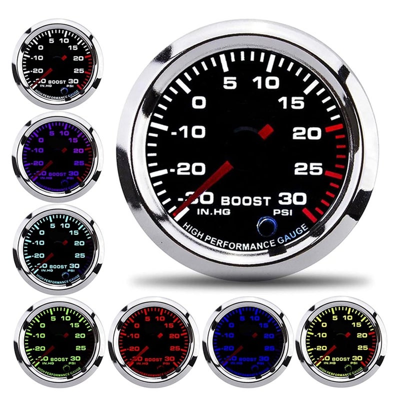 Ymiko Turbo Boost Pressure Meter, Universal Turbo Boost Gauge Pointer 7 Colors LED Display -30-30 PSI 52mm Dia fit for 12V Car Truck Boat - Image 1