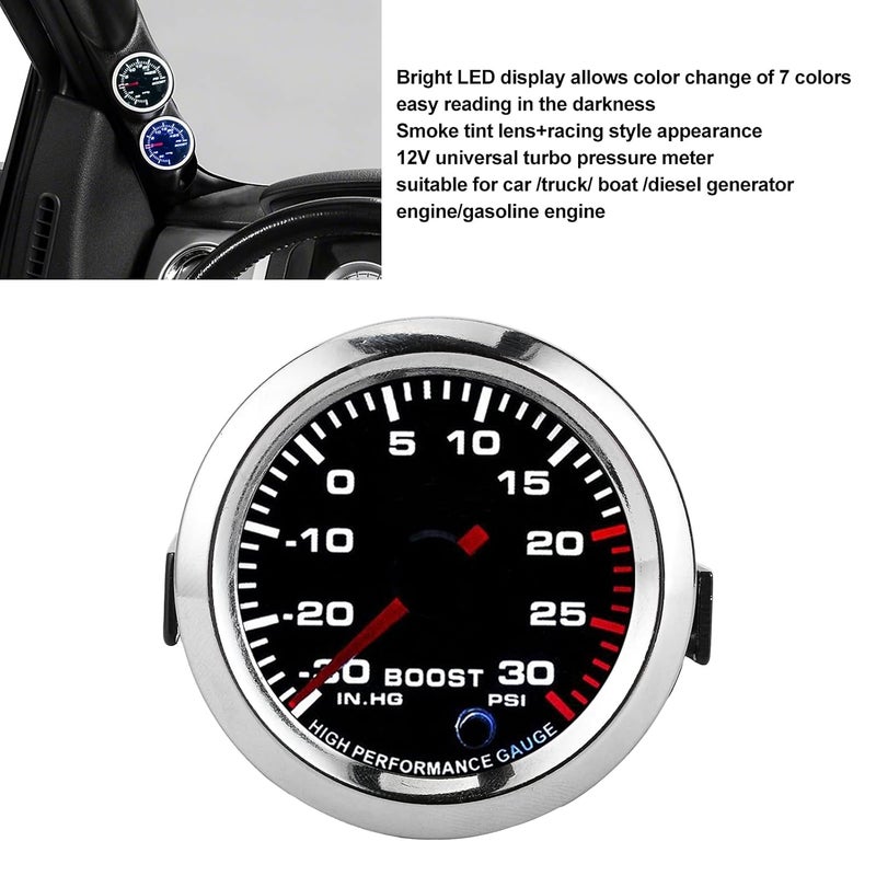 Ymiko Turbo Boost Pressure Meter, Universal Turbo Boost Gauge Pointer 7 Colors LED Display -30-30 PSI 52mm Dia fit for 12V Car Truck Boat - Image 4