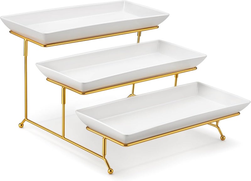 MALACASA 3 Tier Serving Trays for Party, 14 Inch Porcelain White Trays for Serving Food, Dessert Stand with Collapsible Gold Metal Rack - Image 1
