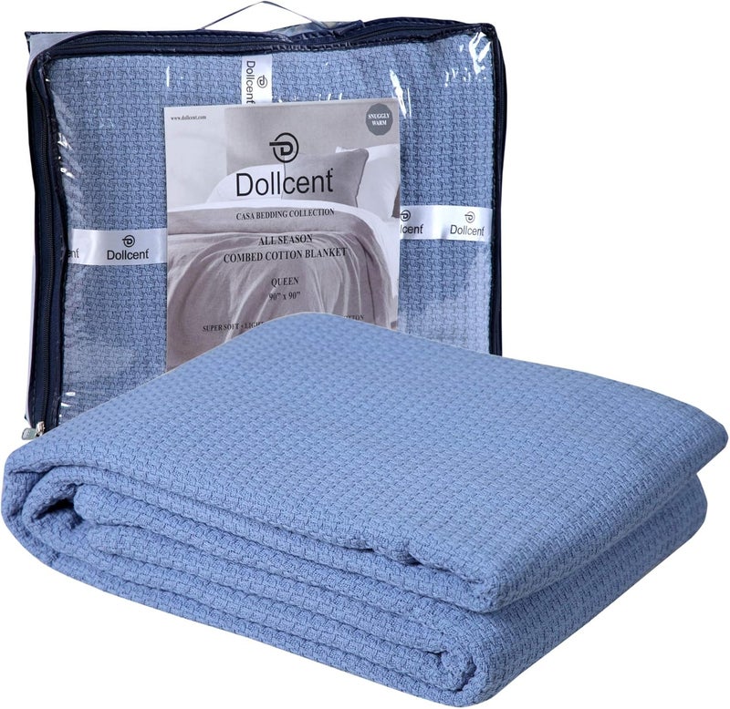 DOLLCENT 100% Cotton King Size Blanket for Bed, Premium Soft Combed Lightweight Blankets, Washed Breathable Cozy Bed Throw Blanket, Blue King Cotton Blankets for All Season: Blue (108"x90") - Image 1