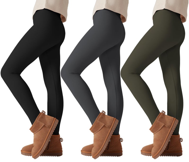 Quedoris Girls 3-Pack Fleece Lined Leggings Black Army Green Dark Grey Fall 130Y - Image 1