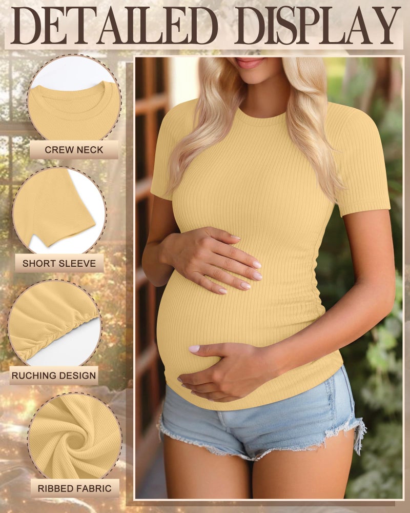 Ficerd 3 Pack Women's Maternity Shirts Cotton Short Sleeve Pregnancy Tops Side Ruched Ribbed Casual Mama tees Clothes(Light Green, Apricot, Yellow,Large) - Image 4