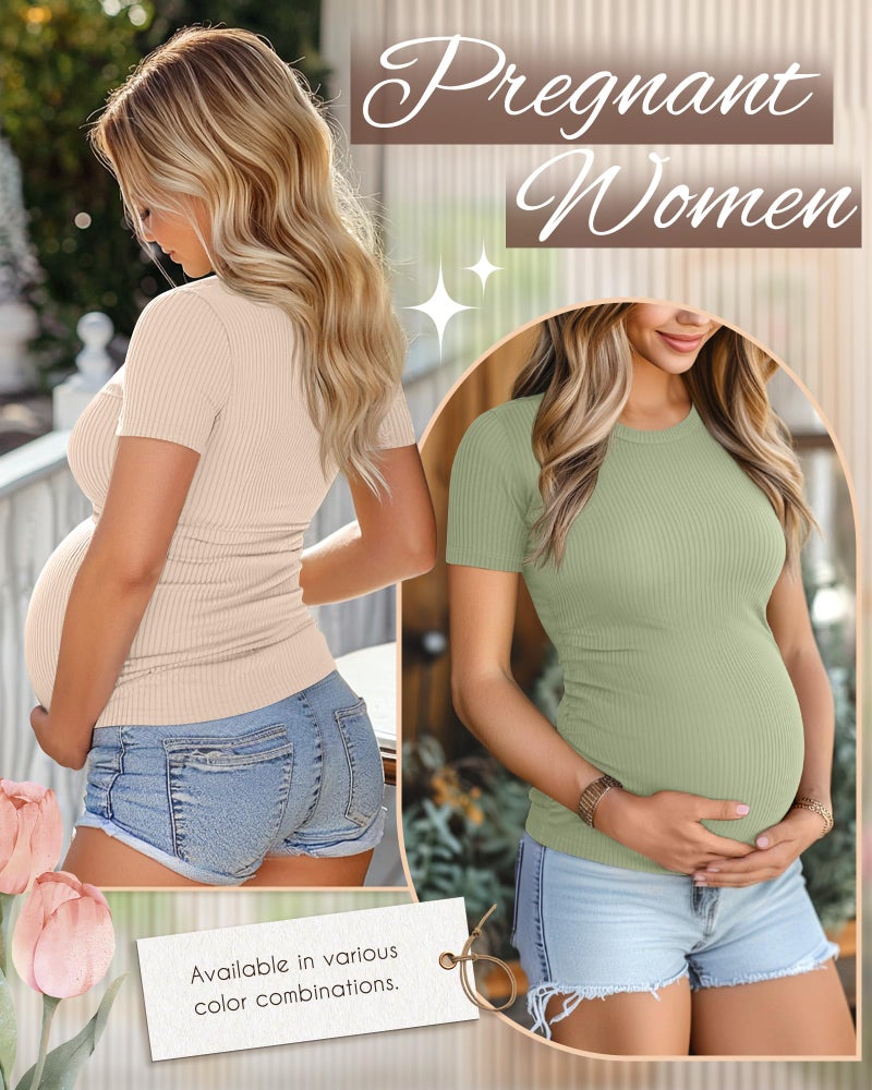 Ficerd 3 Pack Women's Maternity Shirts Cotton Short Sleeve Pregnancy Tops Side Ruched Ribbed Casual Mama tees Clothes(Light Green, Apricot, Yellow,Large) - Image 5