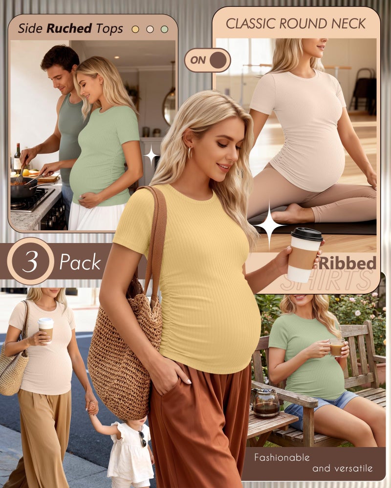Ficerd 3 Pack Women's Maternity Shirts Cotton Short Sleeve Pregnancy Tops Side Ruched Ribbed Casual Mama tees Clothes(Light Green, Apricot, Yellow,Large) - Image 2