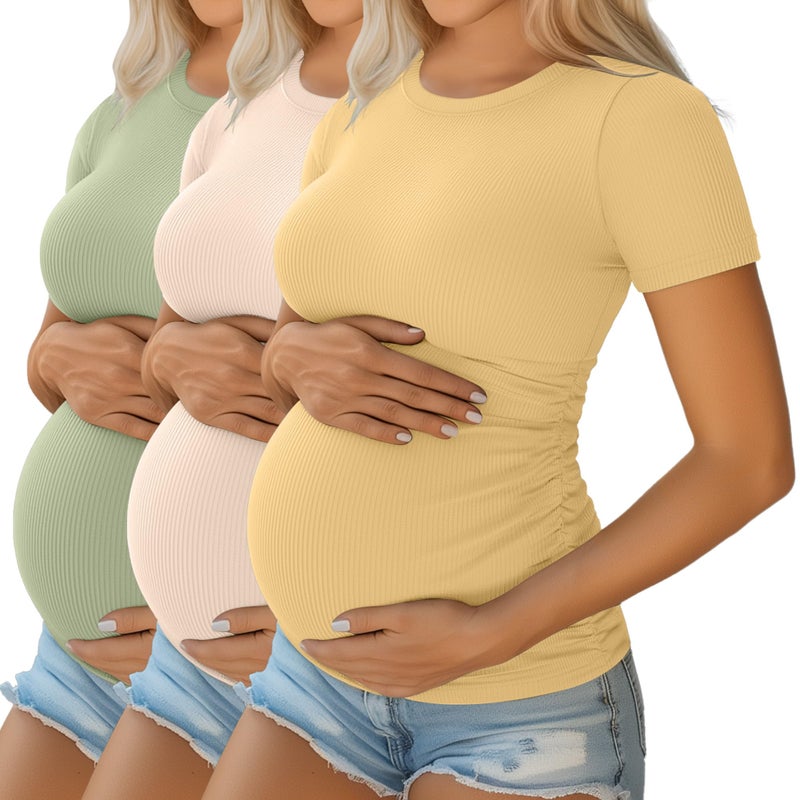 Ficerd 3 Pack Women's Maternity Shirts Cotton Short Sleeve Pregnancy Tops Side Ruched Ribbed Casual Mama tees Clothes(Light Green, Apricot, Yellow,Large) - Image 1