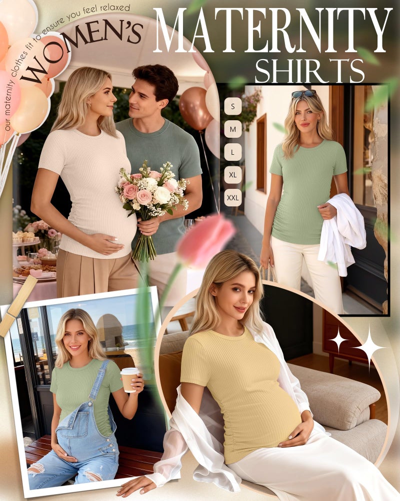 Ficerd 3 Pack Women's Maternity Shirts Cotton Short Sleeve Pregnancy Tops Side Ruched Ribbed Casual Mama tees Clothes(Light Green, Apricot, Yellow,Large) - Image 3