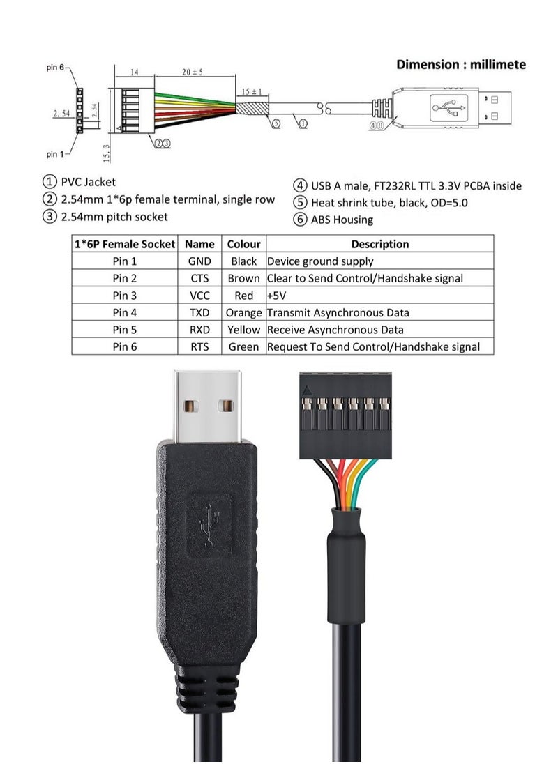 SYOSI - FTDI USB to TTL Serial Adapter, 3.3V Debug Cable 6 Pin Female Socket Header UART IC FT232RL Chip for Windows 10 8 7 Linux MAC (3FT ) - Image 1