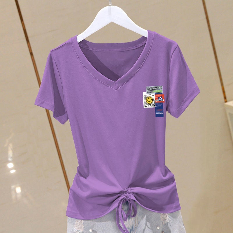 Summer Plus Size Cotton V-Neck Slimming Tee for Women Purple-puzzle Smiley [right]]