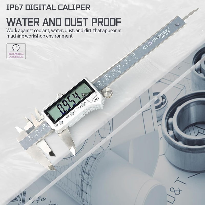 Clockwise Tools IP67 Grade Digital Caliper, DCPR-0605 0-6 Inch/150mm, Inch/Metric/Fractions Conversion, Stainless Steel, Large LCD Screen - Image 4