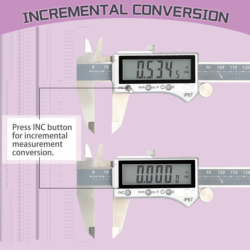 Clockwise Tools IP67 Grade Digital Caliper, DCPR-0605 0-6 Inch/150mm, Inch/Metric/Fractions Conversion, Stainless Steel, Large LCD Screen - Image 5