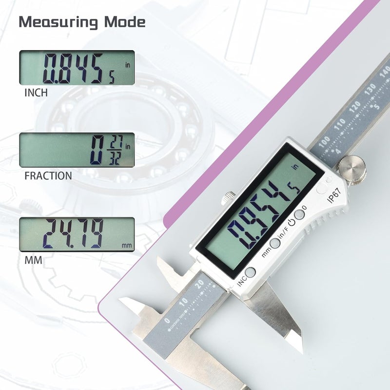 Clockwise Tools IP67 Grade Digital Caliper, DCPR-0605 0-6 Inch/150mm, Inch/Metric/Fractions Conversion, Stainless Steel, Large LCD Screen - Image 2
