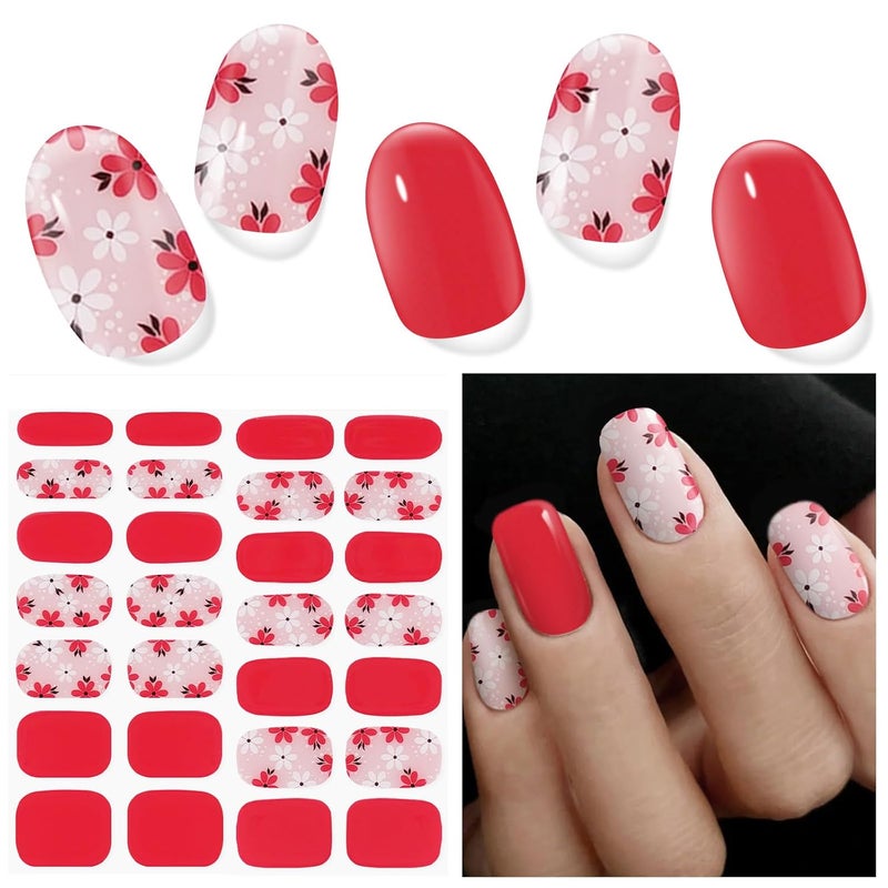 DUKASOU Semi Cured Gel Nail Strips, 28 Pcs UV Gel Nail Stickers, Long Lasting Gel Nail Strips, Salon Quality Gel Nail Wraps for Home, Includes Prep Pads, Nail File & Wood Stick(Red Pink Flowers)