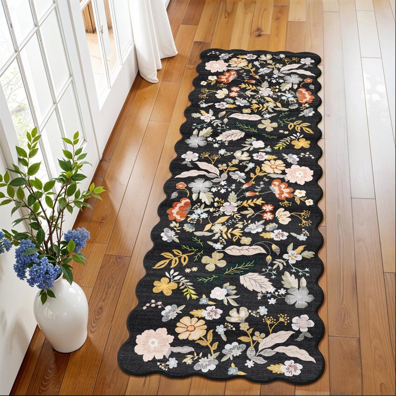 BYYVOO 2x6 Scalloped Hallway Runner Rug â€“ Non-Slip Washable Boho Floral Carpet Runner for Kitchen, Entryway, Bedroom & Bathroom â€“ Soft Low-Pile Thin Floor Mat with Rubber Backing (Black, 2x6) - Image 1