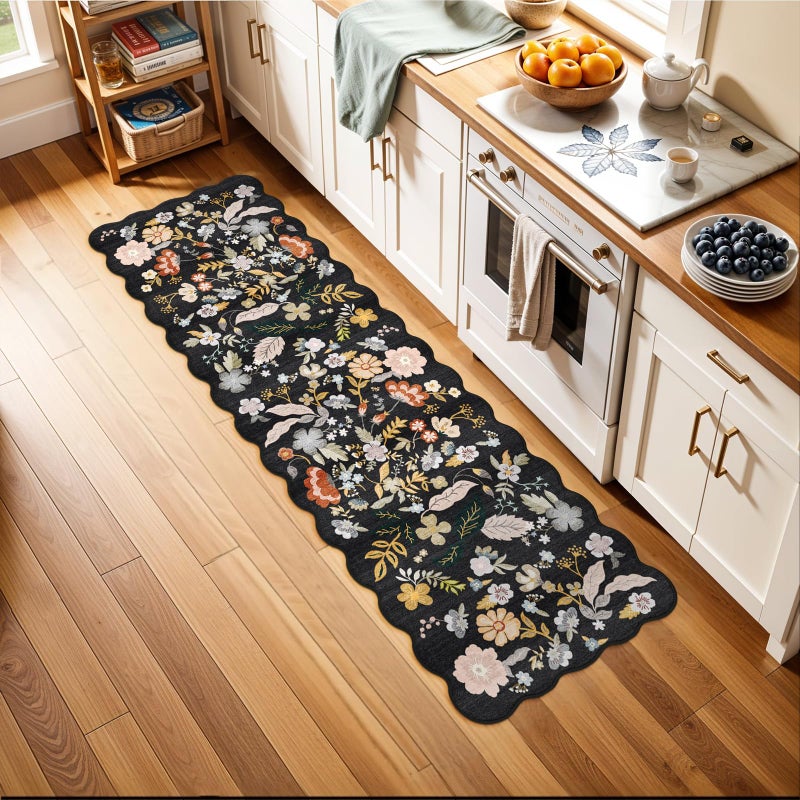 BYYVOO 2x6 Scalloped Hallway Runner Rug â€“ Non-Slip Washable Boho Floral Carpet Runner for Kitchen, Entryway, Bedroom & Bathroom â€“ Soft Low-Pile Thin Floor Mat with Rubber Backing (Black, 2x6) - Image 3