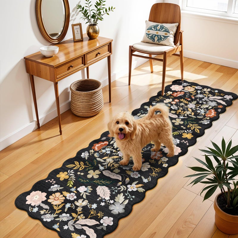 BYYVOO 2x6 Scalloped Hallway Runner Rug â€“ Non-Slip Washable Boho Floral Carpet Runner for Kitchen, Entryway, Bedroom & Bathroom â€“ Soft Low-Pile Thin Floor Mat with Rubber Backing (Black, 2x6) - Image 2