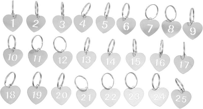 25pcs Stainless Steel Numbered Key Tags for Hotel Room Identification, Number 1-25 Heart Ring Label for Organized Coding Key Box Cabinet System Identifiers - Image 1
