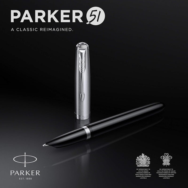 PARKER 51 Fountain Pen | Black Barrel with Chrome Trim | Fine Nib with Black Ink Cartridge | Gift Box - Image 2