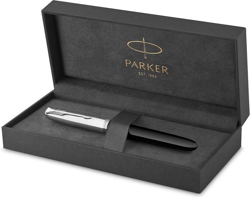 PARKER 51 Fountain Pen | Black Barrel with Chrome Trim | Fine Nib with Black Ink Cartridge | Gift Box - Image 1